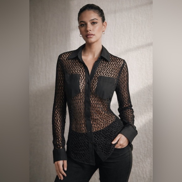 Anne Fontaine Tops - Anne Fontaine Paris Sheer mesh lace Button-Down Blouse – Black – Size 3 (medium)